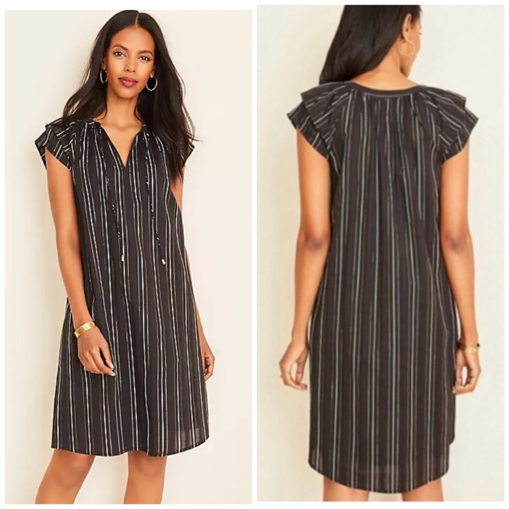 NWT-Ann Taylor Metallic Stripe Tie Neck Ruffle Sleeve Shift Dress Sz8